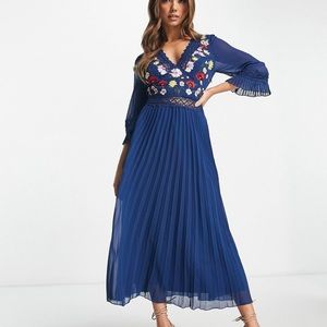 ASOS lace insert pleated midi dress with embroidery flowers in Navy